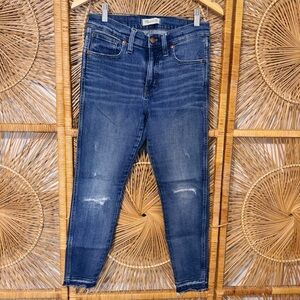 Madewell 9” High Rise Skinny Dark Wash Blue Ankle Jeans, Size 28P, Distressed